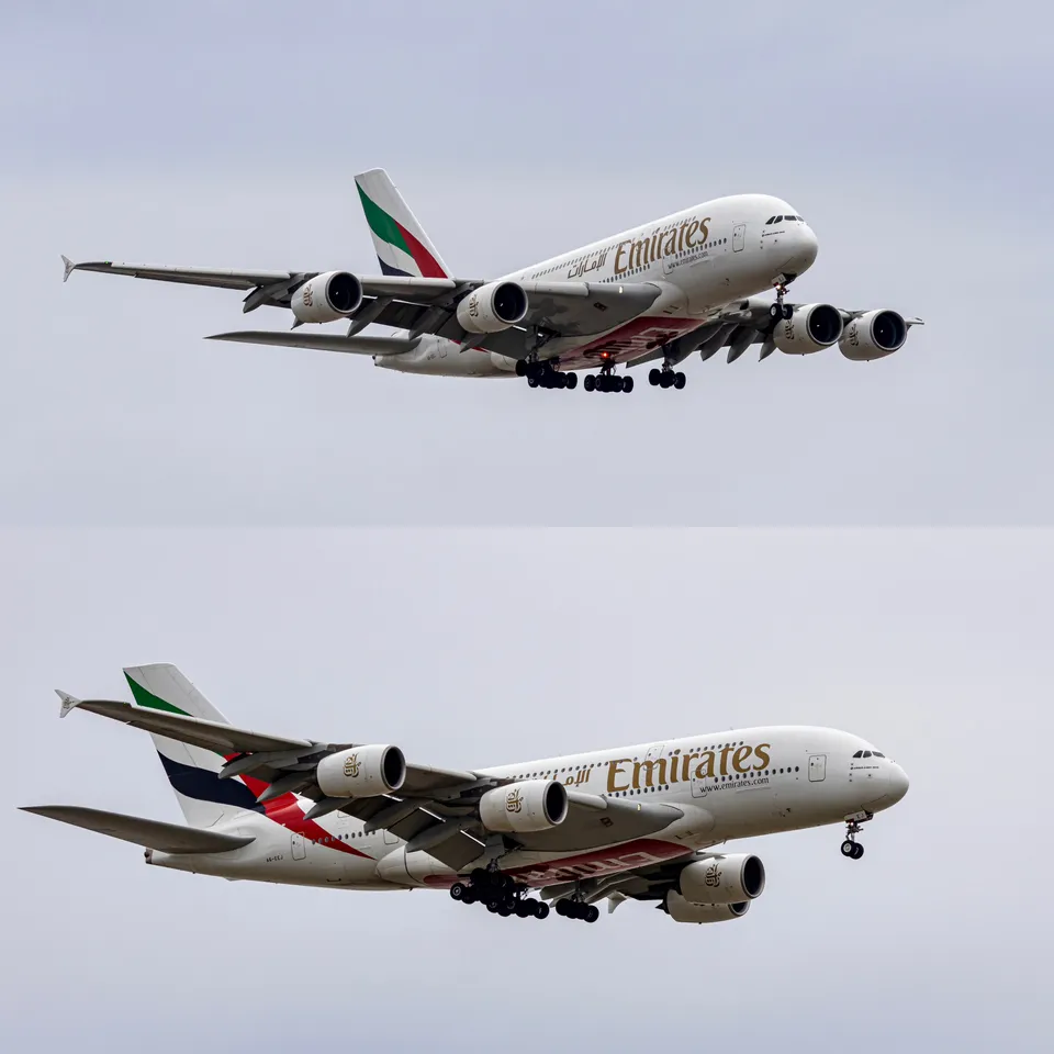 阿联酋航空 A380，两张不同角度的进近照片。